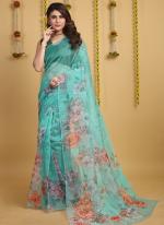 Pure Organza Sky Blue Party Wear Printed Saree